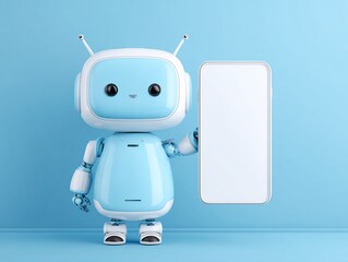 Japanese  cute robot holding phone mockup for ai technology and automation advertisement