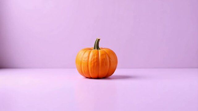 Pumpkin spice season! Watch a stunning pumpkin zoom out against a soft lavender backdrop in smooth 4K video footage, perfect for autumn projects