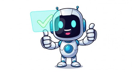 Obraz premium Cartoon Robot with Thumbs Up and Checkmark
