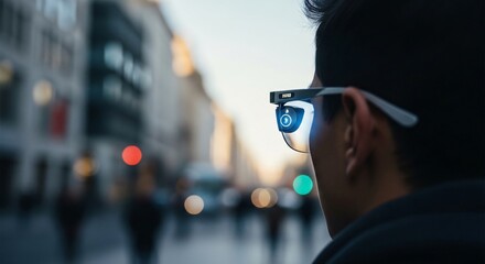 Futuristic augmented reality smart glasses with a glowing blue interface worn by a man on a city street.