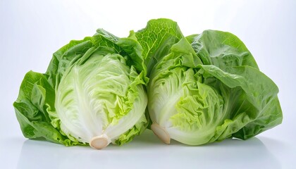Two heads of fresh green lettuce on white background