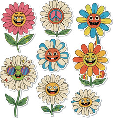 create Groovy flower cartoon characters. Funny happy daisy with eyes and smile. Sticker pack in trendy retro trippy style. Isolated vector illustration. Hippie 60s, 70s style. white background.