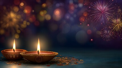 Happy Diwali festival background with diya oil lamps and fireworks. Diwali-themed abstract colorful background 