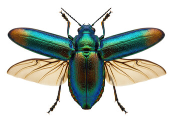 Isolated iridescence colorful beetle with wings spread, arthropod insect, specimen macro close-up