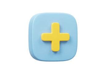Fototapeta premium Isolated yellow cross or plus sign on a blue rounded square button graphic element icon