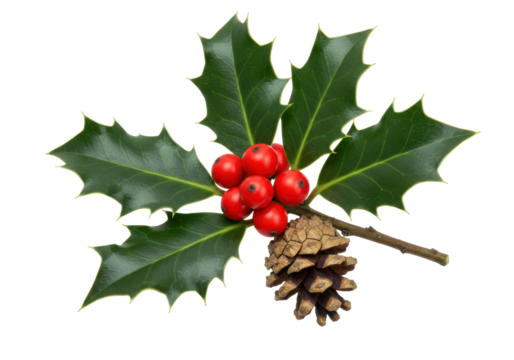 Isolated Holiday holly branch with berries and pinecone Christmas decor winter foliage