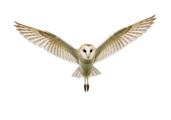 Obraz premium Isolated Barn Owl with Wings Spread and Face Forward in Mid-Flight a Nocturnal Bird of Prey
