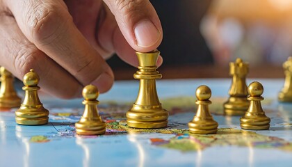 A close-up shot of a hand moving a shiny gold chess piece across a global map, representing strategic planning, international business, and geopolitical strategy.
