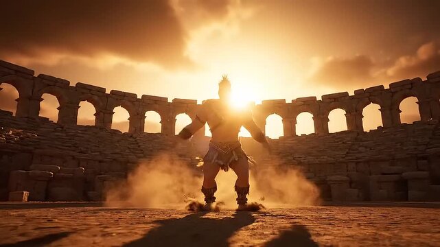 Mighty Gladiator in Ancient Roman Arena at Sunset 3D Render