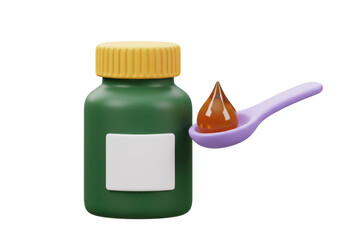 Isolated medical syrup in a bottle with spoon, concept of health and treatment