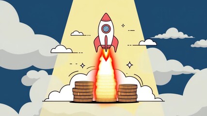 Dynamic rocket launch signifies startup growth and financial success amidst clouds and coins