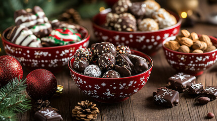Fototapeta premium Christmas Snack Table with Nuts and Chocolates in Festive Bowls
