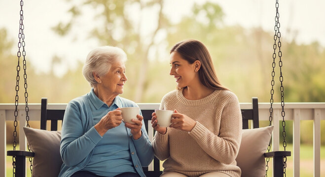 Two women, one older and one younger, enjoying coffee together on a porch swing. - Powered by Adobe