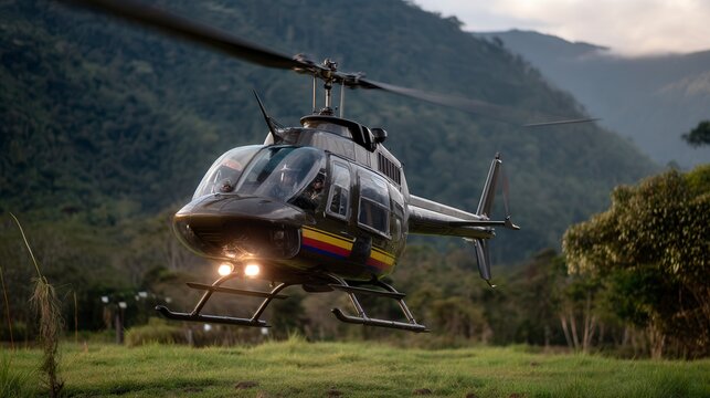 Dynamic black helicopter with colorful stripe hovering low over grassy field in mountainous jungle terrain during dusk, pilot visible in cockpit, aviation transport in remote wilderness - Powered by Adobe