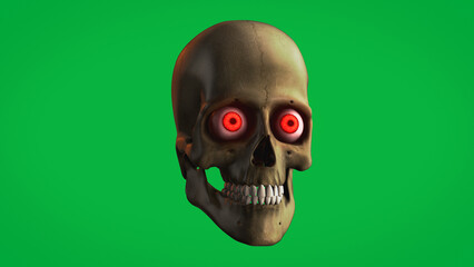 Spooky Human Skull With Glowing Eyes On Green Screen