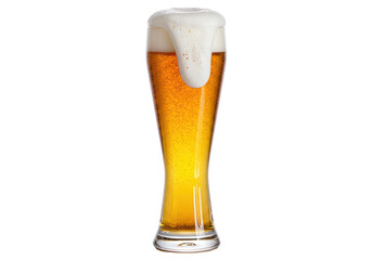 Isolated pilsner beer overflowing with foam in a tall glass for celebrating happy hour