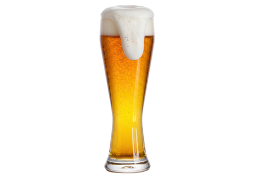 Isolated pilsner beer overflowing with foam in a tall glass for celebrating happy hour