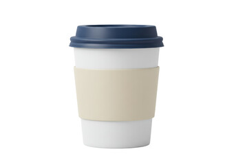 Isolated cup for coffee or tea, with a blue lid and sleeve, to keep hands cool while drinking