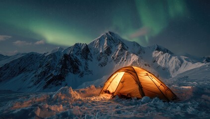 Illuminated tent nestled in a snowy mountain landscape under a vibrant aurora borealis