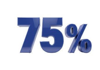 Isolated shiny blue 75 percent mark representing discount or sale, rendered in 3D