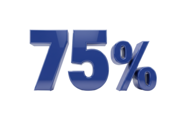 Isolated shiny blue 75 percent mark representing discount or sale, rendered in 3D