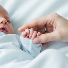 Newborn hand holding parent's finger in a hospital