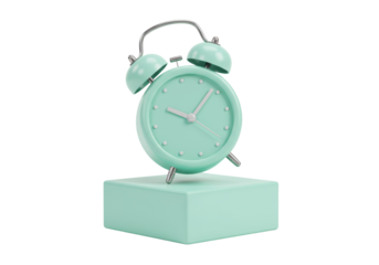 Isolated mint alarm clock on a matching base signaling it is time to wake up, early morning