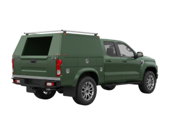 Isolated green full-size pickup truck with ladder rack, rear utility boxes, ready for work