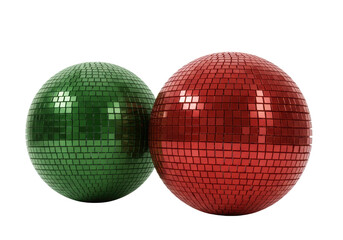 Isolated mirrored disco balls, green and red, close together for party celebration decorations