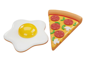 Isolated foods cartoon set including pizza slice and sunny side up breakfast fried egg dish