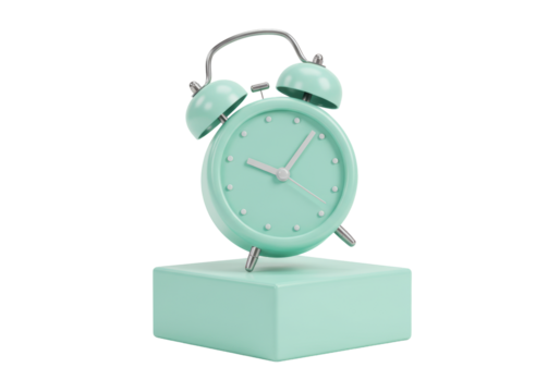 Isolated mint alarm clock on a matching base signaling it is time to wake up, early morning