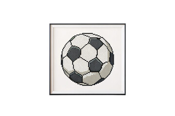 Obraz premium Pixel art of Framed cross-stitch soccer ball with black and white hexagonal pattern on white fabric