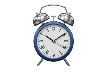 Isolated blue alarm clock with chrome bells ticking away the seconds in the morning
