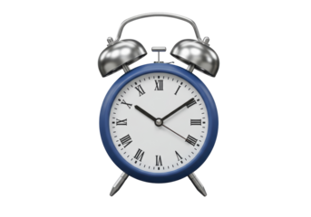 Isolated blue alarm clock with chrome bells ticking away the seconds in the morning