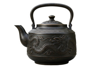 Isolated bronze teapot with dragon relief and handle, ornate traditional beverage service