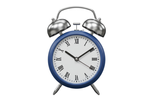 Isolated blue alarm clock with chrome bells ticking away the seconds in the morning - Powered by Adobe