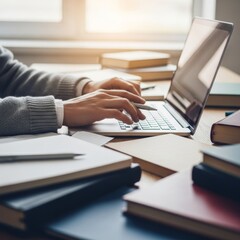 Hands typing on laptop at wooden desk in bright home office