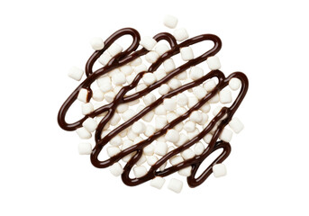 Isolated dessert of mini marshmallows with chocolate sauce, top view yummy goodness