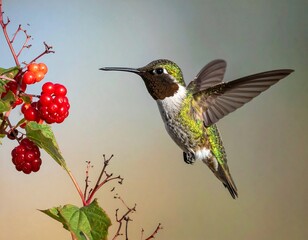 Fototapeta premium A hummingbird in flight, poised near a cluster of vibrant red berries, showcasing a natural scene of wildlife and nature's beauty.