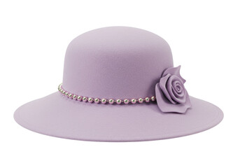 Isolated vintage lilac felt hat with bead accents and stylized rose detail on side brim