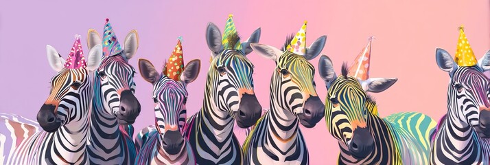 A colorful group of zebras wearing festive party hats against a gradient background.