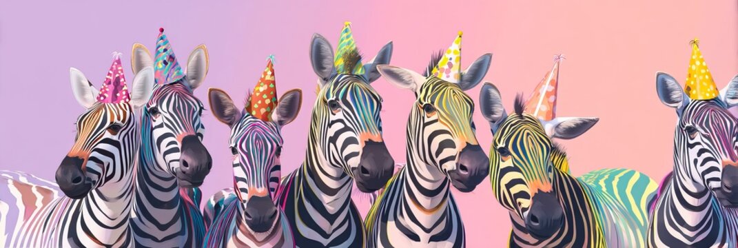 A colorful group of zebras wearing festive party hats against a gradient background.