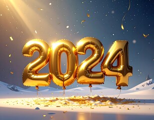 Golden 2024 balloons on snowy landscape