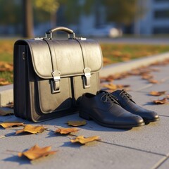Leather briefcase rests with shoes on sidewalk in autumn