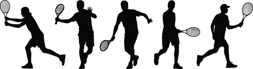 Silhouette of Male Tennis Players in Action Poses with Rackets on White Background for Sports and Fitness Vector Illustration