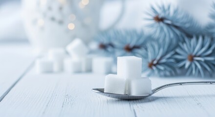 Sugar cubes rest on spoon during winter holiday celebration