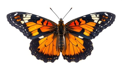 Fototapeta premium A vibrant orange and black butterfly with intricate patterns takes center stage against a pure white background.