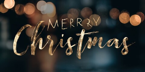 Gold Merry Christmas text with sparkle glitter effect on dark background with bokeh light for holiday greeting card. New year celebration.