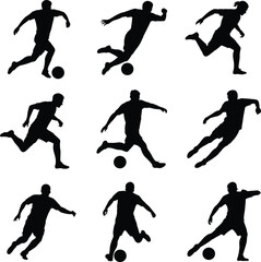 Soccer player silhouettes in dynamic action poses kicking, dribbling, running with ball – vector illustration for sports design and training