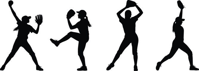 Softball pitcher silhouette sequence – vector set of dynamic throwing poses showing wind-up, pitch, and follow-through for sports training design